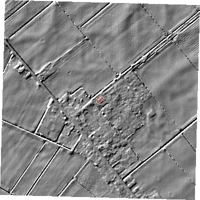 Shaded relief map of the ground around PE262TY, computed from Environment Agency LiDAR. The ground here sits at about 0 m above sea level and falls 4 m across the surrounding 800 m. Surface water reaching this point runs off ground lying to the west-south-west, 0.6 m higher.