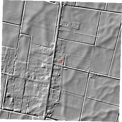 Shaded relief map of the ground around PE262TZ, computed from Environment Agency LiDAR. The ground here sits at about -1 m above sea level and falls 4 m across the surrounding 800 m. Surface water reaching this point runs off ground lying to the north-west, 2.0 m higher.