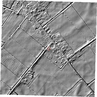 Shaded relief map of the ground around PE262UB, computed from Environment Agency LiDAR. The ground here sits at about 0 m above sea level and falls 4 m across the surrounding 800 m. Surface water reaching this point runs off ground lying to the north-north-east, 1.2 m higher.