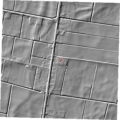 Shaded relief map of the ground around PE262UD, computed from Environment Agency LiDAR. The ground here sits at about 0 m above sea level and falls 4 m across the surrounding 800 m. The ground contributing surface water to this point lies to the east-north-east.