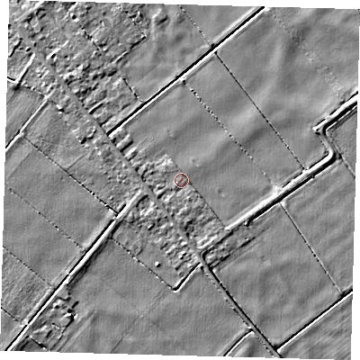 Shaded relief map of the ground around PE262UN, computed from Environment Agency LiDAR. The ground here sits at about 0 m above sea level and falls 4 m across the surrounding 800 m. Surface water reaching this point runs off ground lying to the south-west, 1.3 m higher.