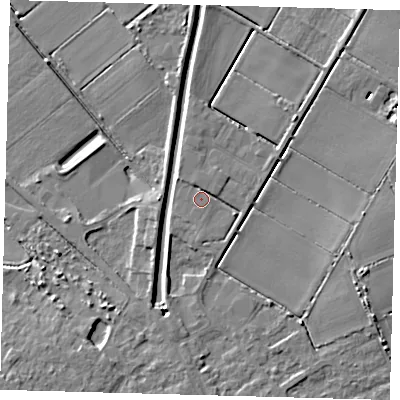 Shaded relief map of the ground around PE262UR, computed from Environment Agency LiDAR. The ground here sits at about 2 m above sea level and falls 9 m across the surrounding 800 m. Surface water reaching this point runs off ground lying to the east-south-east, 2.0 m higher.