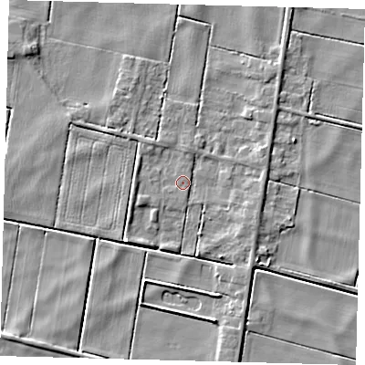 Shaded relief map of the ground around PE262US, computed from Environment Agency LiDAR. The ground here sits at about -1 m above sea level and falls 4 m across the surrounding 800 m. Surface water reaching this point runs off ground lying to the south, 1.3 m higher.