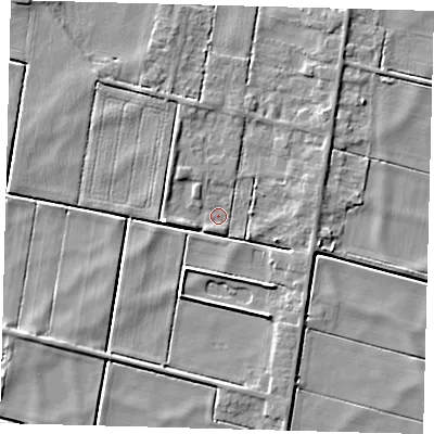 Shaded relief map of the ground around PE262UU, computed from Environment Agency LiDAR. The ground here sits at about -1 m above sea level and falls 4 m across the surrounding 800 m. Surface water reaching this point runs off ground lying to the east-north-east, 2.6 m higher.