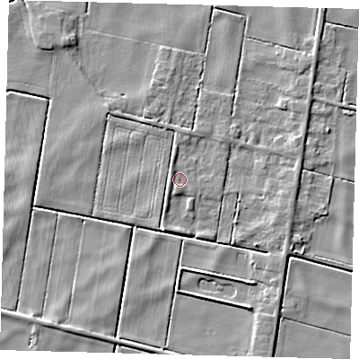 Shaded relief map of the ground around PE262UX, computed from Environment Agency LiDAR. The ground here sits at about -1 m above sea level and falls 4 m across the surrounding 800 m. Surface water reaching this point runs off ground lying to the west-south-west, 1.3 m higher.