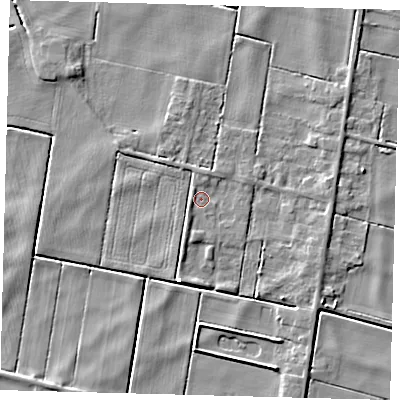 Shaded relief map of the ground around PE262UY, computed from Environment Agency LiDAR. The ground here sits at about -1 m above sea level and falls 4 m across the surrounding 800 m. Surface water reaching this point runs off ground lying to the south-south-west, 1.8 m higher.