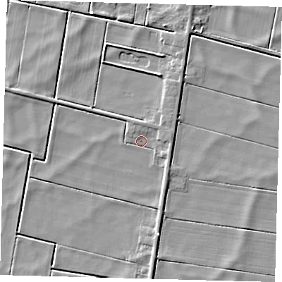 Shaded relief map of the ground around PE262WE, computed from Environment Agency LiDAR. The ground here sits at about -1 m above sea level and falls 4 m across the surrounding 800 m. Surface water reaching this point runs off ground lying to the east, 1.5 m higher.
