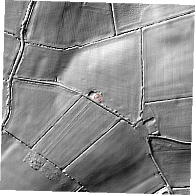 Shaded relief map of the ground around PE262XF, computed from Environment Agency LiDAR. The ground here sits at about 6 m above sea level and falls 9 m across the surrounding 800 m. Surface water reaching this point runs off ground lying to the south, 1.9 m higher.