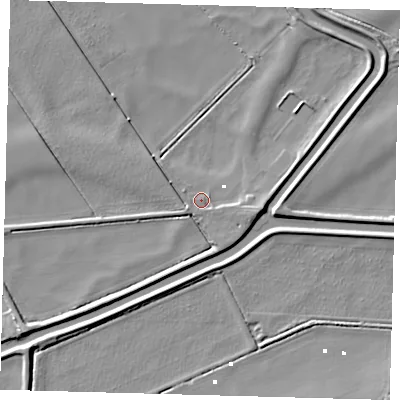 Shaded relief map of the ground around PE262XJ, computed from Environment Agency LiDAR. The ground here sits at about 1 m above sea level and falls 6 m across the surrounding 800 m. Surface water reaching this point runs off ground lying to the south-east, 1.1 m higher.