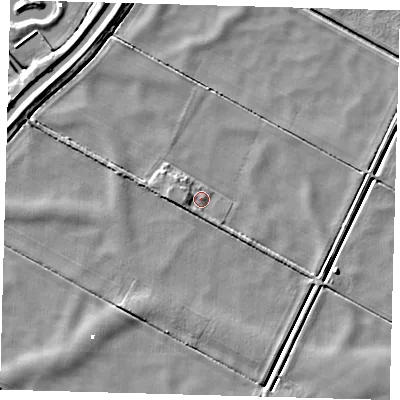 Shaded relief map of the ground around PE262XL, computed from Environment Agency LiDAR. The ground here sits at about -0 m above sea level and falls 5 m across the surrounding 800 m. Surface water reaching this point runs off ground lying to the west, 2.3 m higher.