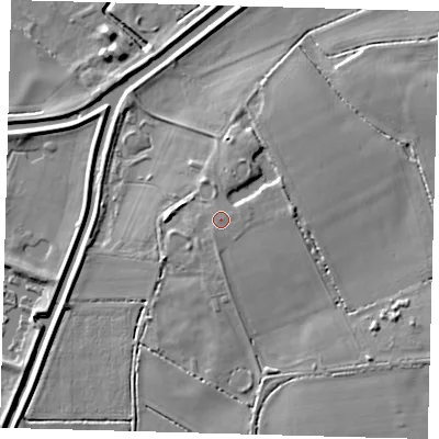 Shaded relief map of the ground around PE262XQ, computed from Environment Agency LiDAR. The ground here sits at about 5 m above sea level and falls 10 m across the surrounding 800 m. The ground contributing surface water to this point lies to the south-south-west.