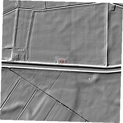 Shaded relief map of the ground around PE262XR, computed from Environment Agency LiDAR. The ground here sits at about 1 m above sea level and falls 4 m across the surrounding 800 m. Surface water reaching this point runs off ground lying to the north-east, 0.8 m higher.