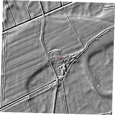Shaded relief map of the ground around PE262XT, computed from Environment Agency LiDAR. The ground here sits at about 1 m above sea level and falls 6 m across the surrounding 800 m. The ground contributing surface water to this point lies to the north-north-west.