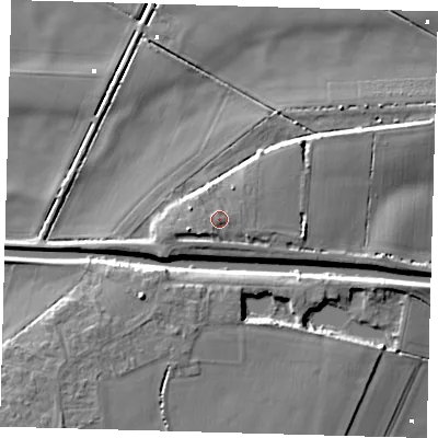 Shaded relief map of the ground around PE262XW, computed from Environment Agency LiDAR. The ground here sits at about 5 m above sea level and falls 9 m across the surrounding 800 m. Surface water reaching this point runs off ground lying to the south-west, 0.8 m higher.