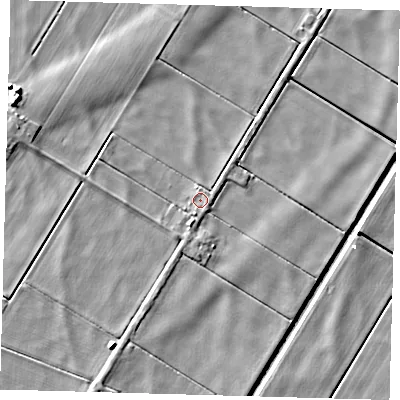 Shaded relief map of the ground around PE262YD, computed from Environment Agency LiDAR. The ground here sits at about -1 m above sea level and falls 6 m across the surrounding 800 m. Surface water reaching this point runs off ground lying to the south-south-west, 1.4 m higher.