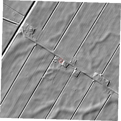 Shaded relief map of the ground around PE262YE, computed from Environment Agency LiDAR. The ground here sits at about -1 m above sea level and falls 5 m across the surrounding 800 m. Surface water reaching this point runs off ground lying to the east-south-east, 1.3 m higher.