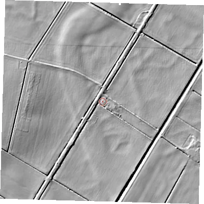 Shaded relief map of the ground around PE262YF, computed from Environment Agency LiDAR. The ground here sits at about -1 m above sea level and falls 6 m across the surrounding 800 m. Surface water reaching this point runs off ground lying to the south-west, 2.6 m higher.