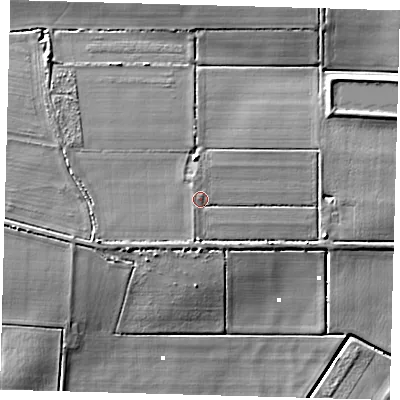 Shaded relief map of the ground around PE262YQ, computed from Environment Agency LiDAR. The ground here sits at about 4 m above sea level and falls 9 m across the surrounding 800 m. Surface water reaching this point runs off ground lying to the south-south-west, 1.2 m higher.