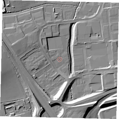 Shaded relief map of the ground around PE26GX, computed from Environment Agency LiDAR. The ground here sits at about 18 m above sea level and falls 14 m across the surrounding 800 m. Surface water reaching this point runs off ground lying to the south-south-west, 12.2 m higher.