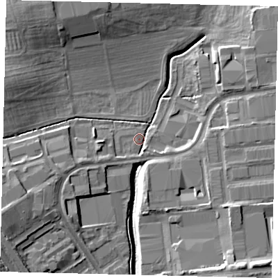 Shaded relief map of the ground around PE26XU, computed from Environment Agency LiDAR. The ground here sits at about 17 m above sea level and falls 11 m across the surrounding 800 m. Surface water reaching this point runs off ground lying to the south-south-east, 2.5 m higher.