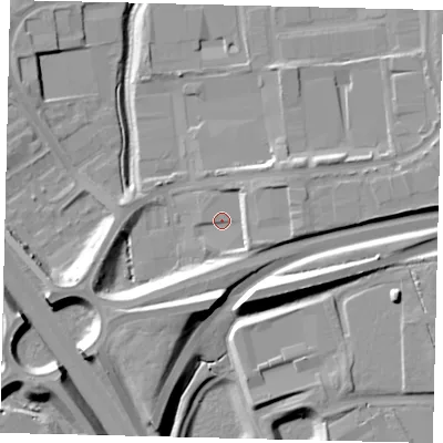 Shaded relief map of the ground around PE26YG, computed from Environment Agency LiDAR. The ground here sits at about 19 m above sea level and falls 14 m across the surrounding 800 m. Surface water reaching this point runs off ground lying to the south-west, 8.0 m higher.