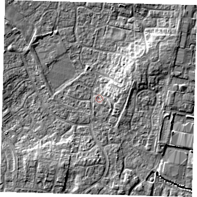 Shaded relief map of the ground around PE273AE, computed from Environment Agency LiDAR. The ground here sits at about 9 m above sea level and falls 7 m across the surrounding 800 m. Surface water reaching this point runs off ground lying to the north-east, 4.6 m higher.