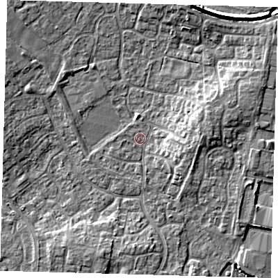 Shaded relief map of the ground around PE273AF, computed from Environment Agency LiDAR. The ground here sits at about 9 m above sea level and falls 10 m across the surrounding 800 m. Surface water reaching this point runs off ground lying to the north-north-east, 8.4 m higher.