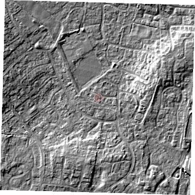 Shaded relief map of the ground around PE273AH, computed from Environment Agency LiDAR. The ground here sits at about 9 m above sea level and falls 7 m across the surrounding 800 m. The ground contributing surface water to this point lies to the west-south-west.