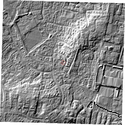 Shaded relief map of the ground around PE273AL, computed from Environment Agency LiDAR. The ground here sits at about 9 m above sea level and falls 7 m across the surrounding 800 m. Surface water reaching this point runs off ground lying to the north-east, 3.5 m higher.