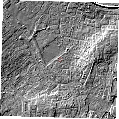 Shaded relief map of the ground around PE273AN, computed from Environment Agency LiDAR. The ground here sits at about 9 m above sea level and falls 10 m across the surrounding 800 m. Surface water reaching this point runs off ground lying to the north-north-east, 8.3 m higher.
