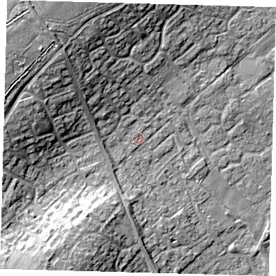 Shaded relief map of the ground around PE273DB, computed from Environment Agency LiDAR. The ground here sits at about 14 m above sea level and falls 17 m across the surrounding 800 m. Surface water reaching this point runs off ground lying to the north-west, 10.5 m higher.
