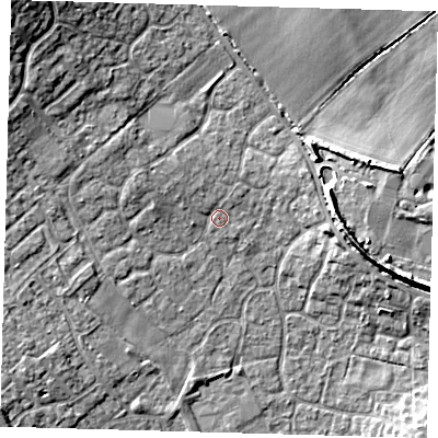 Shaded relief map of the ground around PE273EP, computed from Environment Agency LiDAR. The ground here sits at about 12 m above sea level and falls 13 m across the surrounding 800 m. Surface water reaching this point runs off ground lying to the north-west, 1.9 m higher.