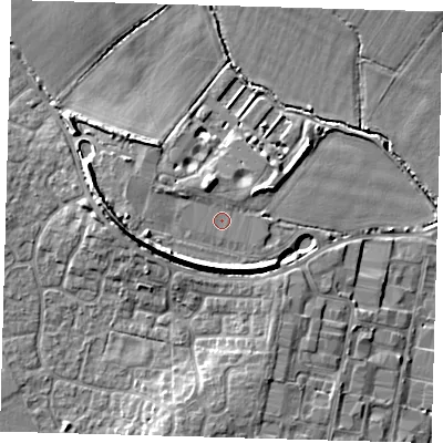 Shaded relief map of the ground around PE273EX, computed from Environment Agency LiDAR. The ground here sits at about 13 m above sea level and falls 10 m across the surrounding 800 m. Surface water reaching this point runs off ground lying to the north, 0.6 m higher.