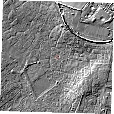Shaded relief map of the ground around PE273FD, computed from Environment Agency LiDAR. The ground here sits at about 9 m above sea level and falls 8 m across the surrounding 800 m. Surface water reaching this point runs off ground lying to the north-north-east, 4.8 m higher.
