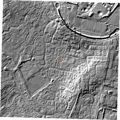 Shaded relief map of the ground around PE273FE, computed from Environment Agency LiDAR. The ground here sits at about 9 m above sea level and falls 9 m across the surrounding 800 m. Surface water reaching this point runs off ground lying to the north-east, 7.8 m higher.