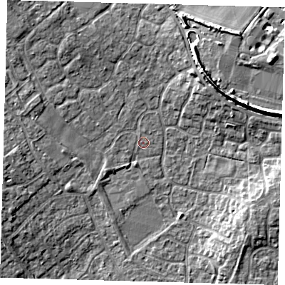 Shaded relief map of the ground around PE273FJ, computed from Environment Agency LiDAR. The ground here sits at about 10 m above sea level and falls 8 m across the surrounding 800 m. Surface water reaching this point runs off ground lying to the north-west, 4.3 m higher.