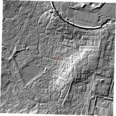Shaded relief map of the ground around PE273FN, computed from Environment Agency LiDAR. The ground here sits at about 9 m above sea level and falls 9 m across the surrounding 800 m. Surface water reaching this point runs off ground lying to the east, 4.1 m higher.