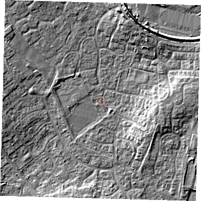 Shaded relief map of the ground around PE273FP, computed from Environment Agency LiDAR. The ground here sits at about 9 m above sea level and falls 9 m across the surrounding 800 m. Surface water reaching this point runs off ground lying to the north-west, 4.7 m higher.