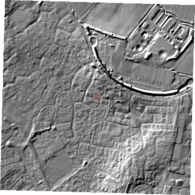 Shaded relief map of the ground around PE273FT, computed from Environment Agency LiDAR. The ground here sits at about 10 m above sea level and falls 9 m across the surrounding 800 m. Surface water reaching this point runs off ground lying to the north-north-east, 3.6 m higher.