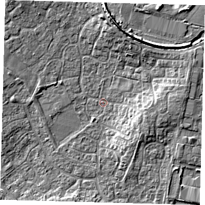 Shaded relief map of the ground around PE273FW, computed from Environment Agency LiDAR. The ground here sits at about 9 m above sea level and falls 9 m across the surrounding 800 m. Surface water reaching this point runs off ground lying to the north-north-east, 7.9 m higher.