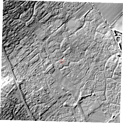 Shaded relief map of the ground around PE273HE, computed from Environment Agency LiDAR. The ground here sits at about 12 m above sea level and falls 15 m across the surrounding 800 m. Surface water reaching this point runs off ground lying to the north-north-west, 2.1 m higher.