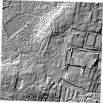 Shaded relief map of the ground around PE273JD, computed from Environment Agency LiDAR. The ground here sits at about 11 m above sea level and falls 7 m across the surrounding 800 m. Surface water reaching this point runs off ground lying to the north-north-west, 2.8 m higher.