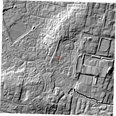 Shaded relief map of the ground around PE273JE, computed from Environment Agency LiDAR. The ground here sits at about 10 m above sea level and falls 7 m across the surrounding 800 m. Surface water reaching this point runs off ground lying to the north, 2.8 m higher.