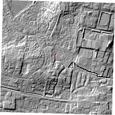 Shaded relief map of the ground around PE273JF, computed from Environment Agency LiDAR. The ground here sits at about 8 m above sea level and falls 7 m across the surrounding 800 m. Surface water reaching this point runs off ground lying to the south-west, 3.1 m higher.