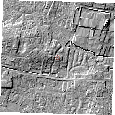 Shaded relief map of the ground around PE273JQ, computed from Environment Agency LiDAR. The ground here sits at about 9 m above sea level and falls 7 m across the surrounding 800 m. Surface water reaching this point runs off ground lying to the west-north-west, 1.3 m higher.