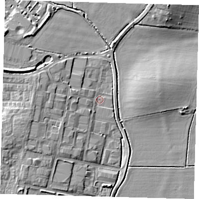 Shaded relief map of the ground around PE273LF, computed from Environment Agency LiDAR. The ground here sits at about 9 m above sea level and falls 11 m across the surrounding 800 m. Surface water reaching this point runs off ground lying to the west-south-west, 4.8 m higher.