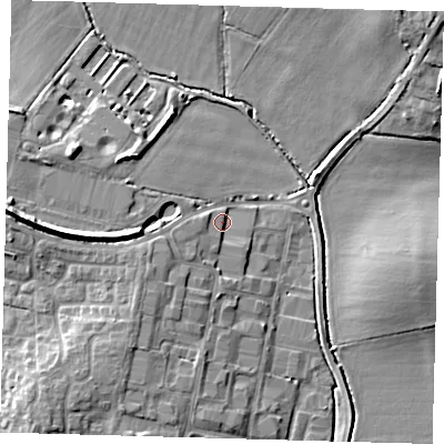 Shaded relief map of the ground around PE273LG, computed from Environment Agency LiDAR. The ground here sits at about 10 m above sea level and falls 13 m across the surrounding 800 m. Surface water reaching this point runs off ground lying to the west-south-west, 2.7 m higher.