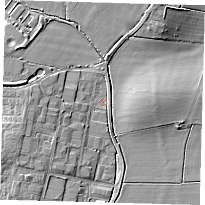 Shaded relief map of the ground around PE273LH, computed from Environment Agency LiDAR. The ground here sits at about 8 m above sea level and falls 12 m across the surrounding 800 m. Surface water reaching this point runs off ground lying to the west-north-west, 7.4 m higher.