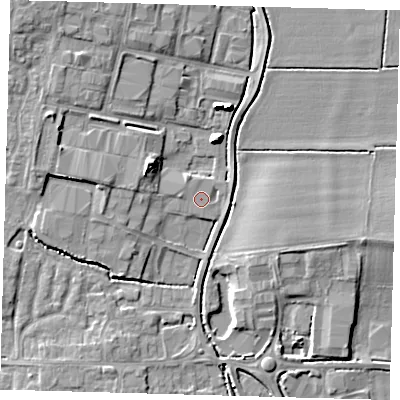 Shaded relief map of the ground around PE273LP, computed from Environment Agency LiDAR. The ground here sits at about 8 m above sea level and falls 7 m across the surrounding 800 m. The ground contributing surface water to this point lies to the west-north-west.