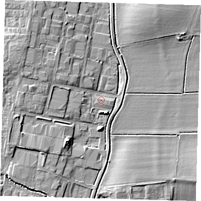 Shaded relief map of the ground around PE273LX, computed from Environment Agency LiDAR. The ground here sits at about 8 m above sea level and falls 7 m across the surrounding 800 m. Surface water reaching this point runs off ground lying to the south-south-east, 6.1 m higher.